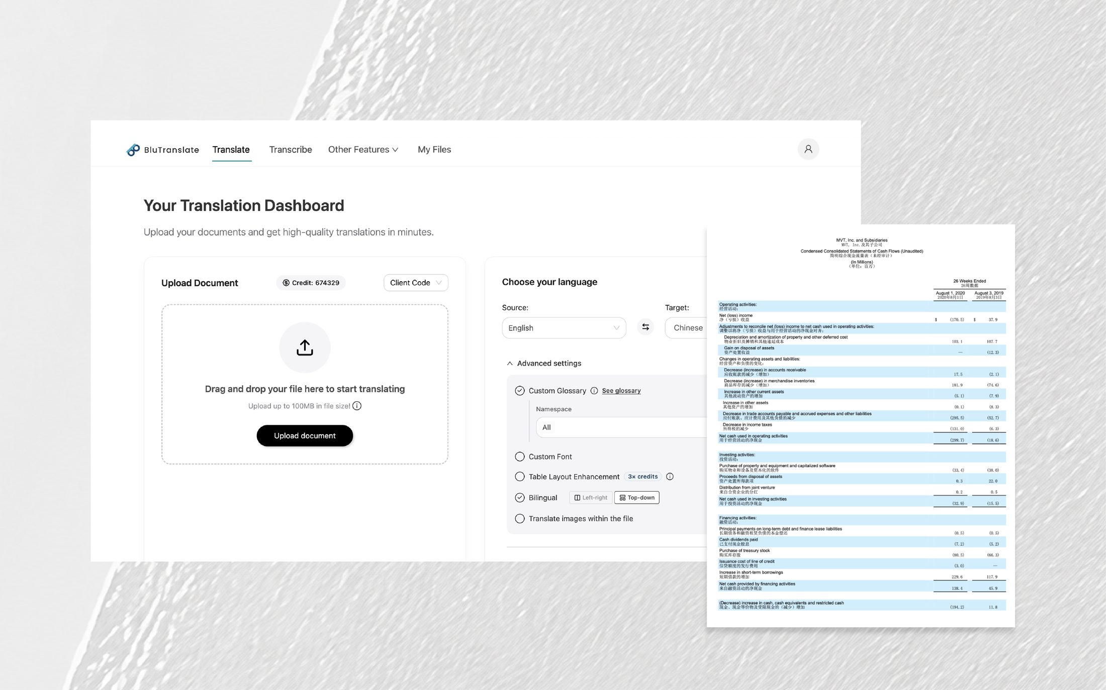 The BluTranslate dashboard beside a translated bilingual cash flow statement.
